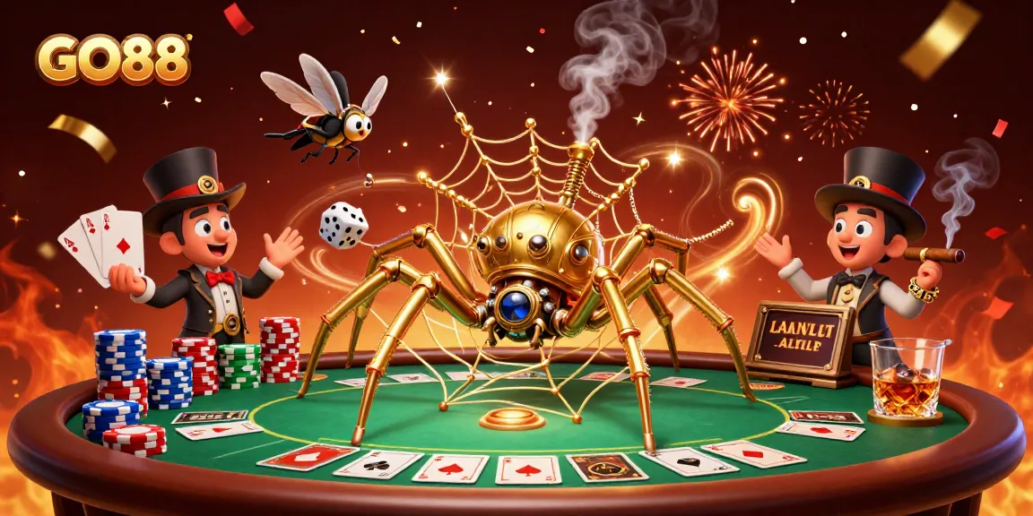 Experience thrilling gameplay at GO88 with a steampunk spider catching dice in a vibrant casino