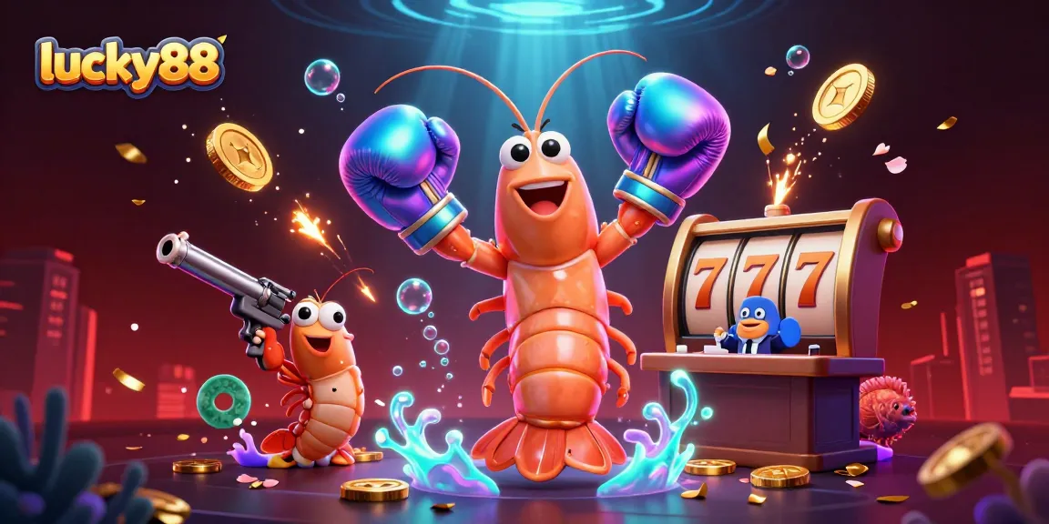 Engage with lucky88 slots featuring 3D cartoon mantis shrimp and a vibrant casino backdrop.