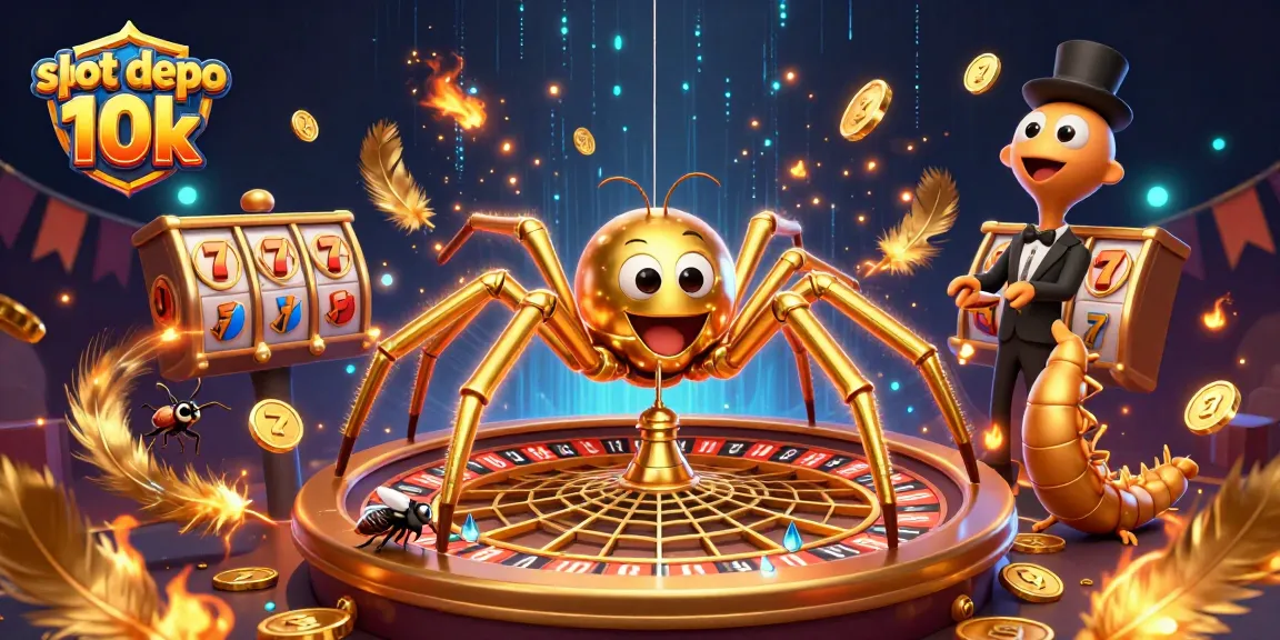 Engage in thrilling action with slot depo 10k featuring a golden spider, roulette wheel, and vibrant casino elements.