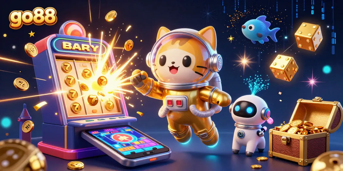 Experience the excitement of go88 with an astronaut cat and slot machine bursting with treasures.