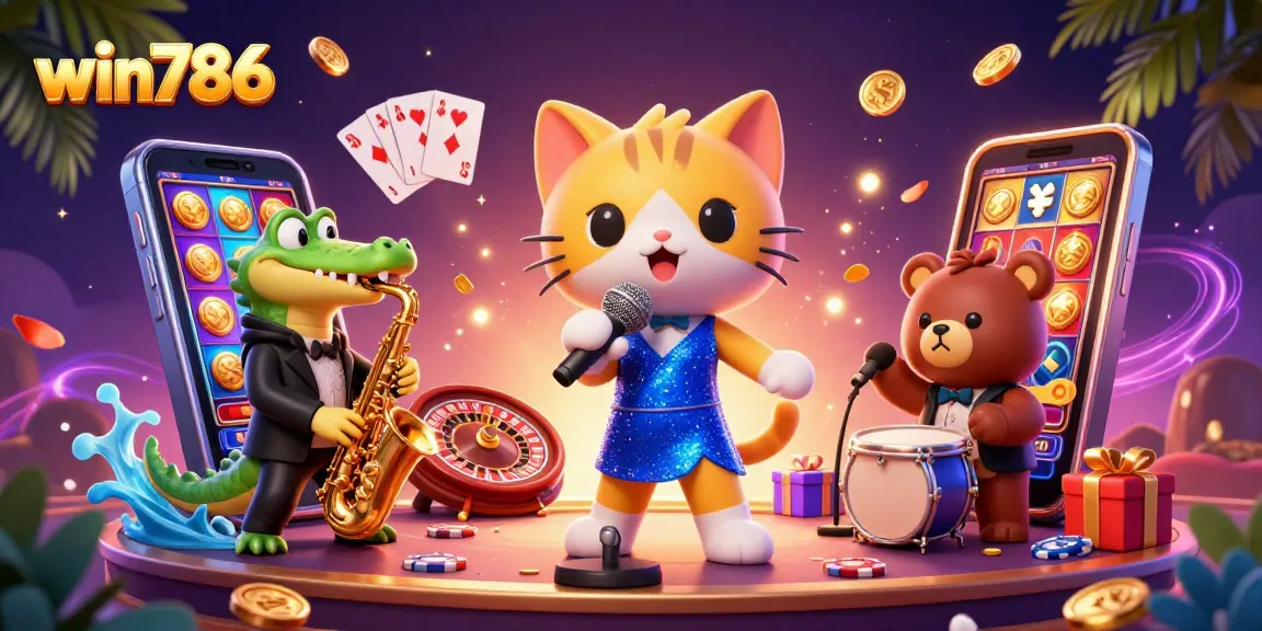 Experience thrilling wins with win786's lively 3D casino scene featuring a jazzy cat, crocodile, and bear cub.