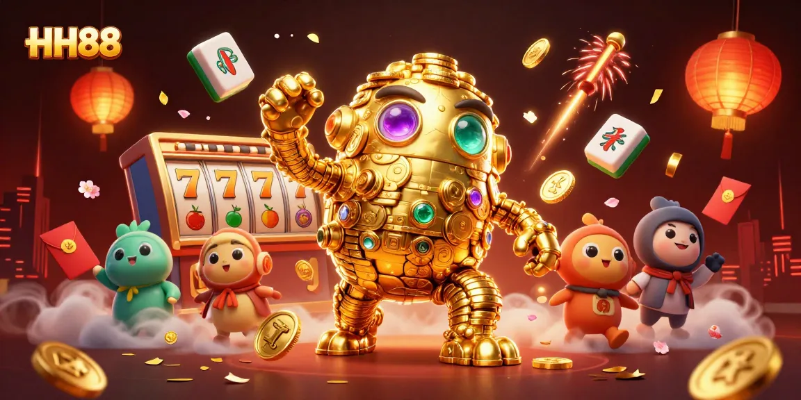 Experience the excitement of HH88 with a vibrant illustration of a golden golem amidst dynamic casino elements.