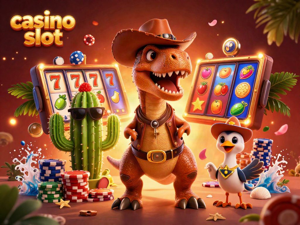 Engaging cartoon scene showcasing casino slot activities with a dinosaur, cactus, and roadrunner.
