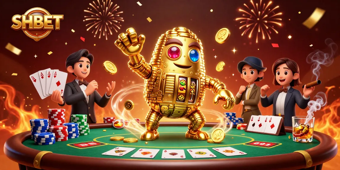 Engage with SHBET's vibrant gaming world featuring a golem made of coins and poker elements.