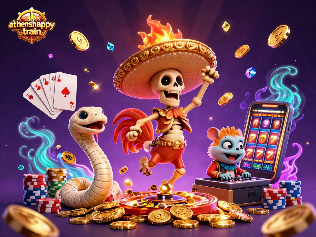 Experience vibrant gaming with athenshappytrain as a skeleton mariachi dances atop golden coins.