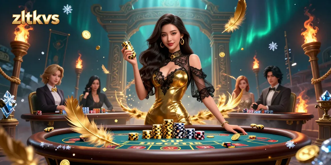 Players enjoy high-stakes baccarat at zltkvs, surrounded by golden tokens and a luxurious atmosphere.
