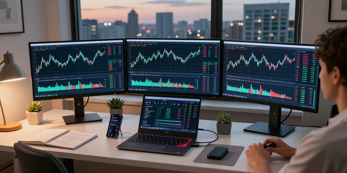 Play exchange-focused cryptocurrency trading setup with multiple monitors, digital wallets, and real-time data.