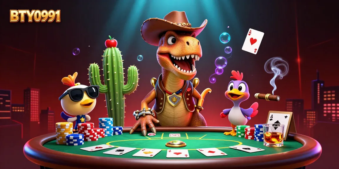 Engage with BTY0991's unique poker adventure featuring a cowboy dinosaur and friends.