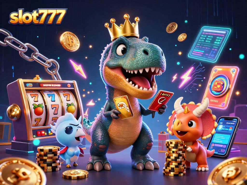 Slot777 dengan T-Rex bermain kartu dan chip emas di latar belakang neon cerah.