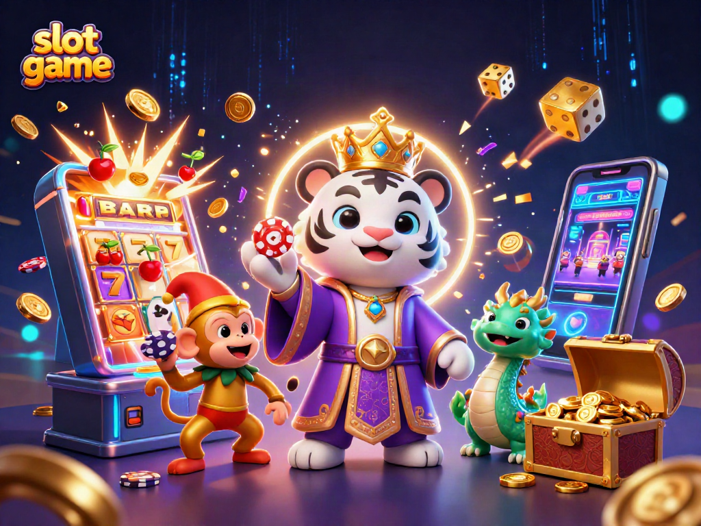 Engage in the exciting world of slot game with dynamic characters and jackpot action in a vibrant casino scene.