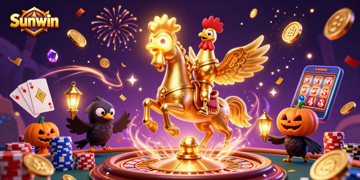 Sunwin offers thrilling casino experiences with a vibrant 3D illustration showcasing golden rooster characters amidst casino excitement.