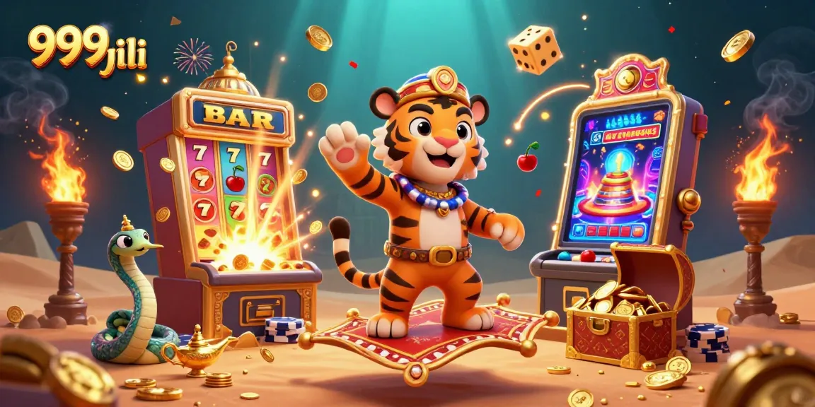 Experience excitement with 999 jili through vibrant slots and jackpot thrills in this detailed illustration.
