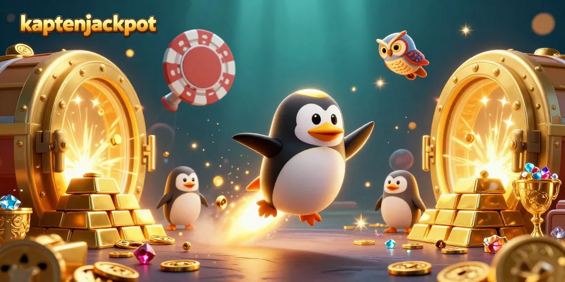 Kaptenjackpot showcases a golden penguin racing through space toward a casino chip, overflowing with treasures.