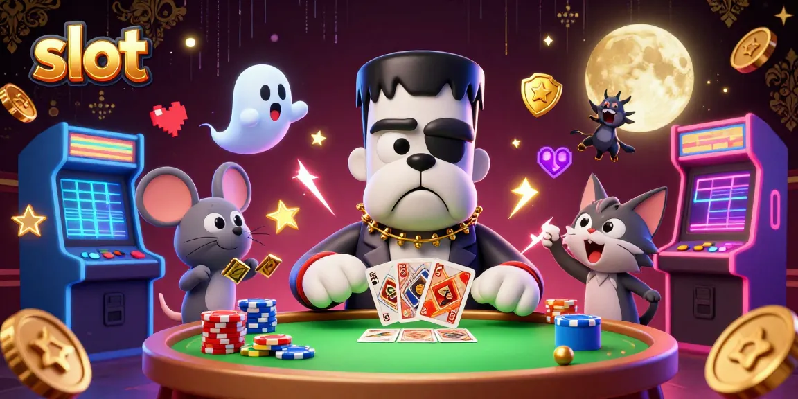 Spin the slot reels in a vibrant casino scene with cartoon monsters and dynamic game elements.
