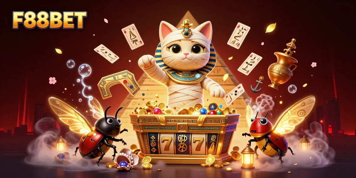 Experience F88BET's thrill with a 3D cartoon Egyptian mummy cat and casino elements in a vibrant scene.