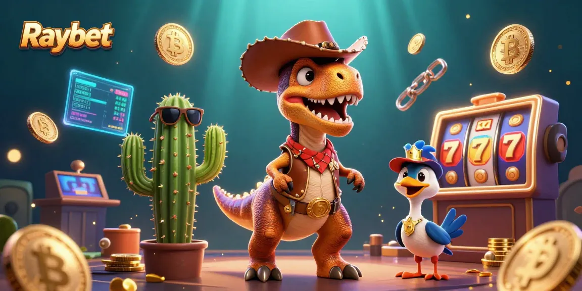 Experience Raybet's thrilling casino with vibrant characters and glowing crypto elements.