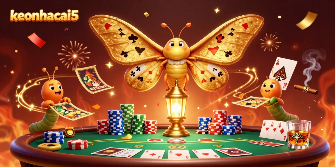 Engage with keonhacai5's dynamic casino scene featuring a majestic moth and vibrant poker elements.