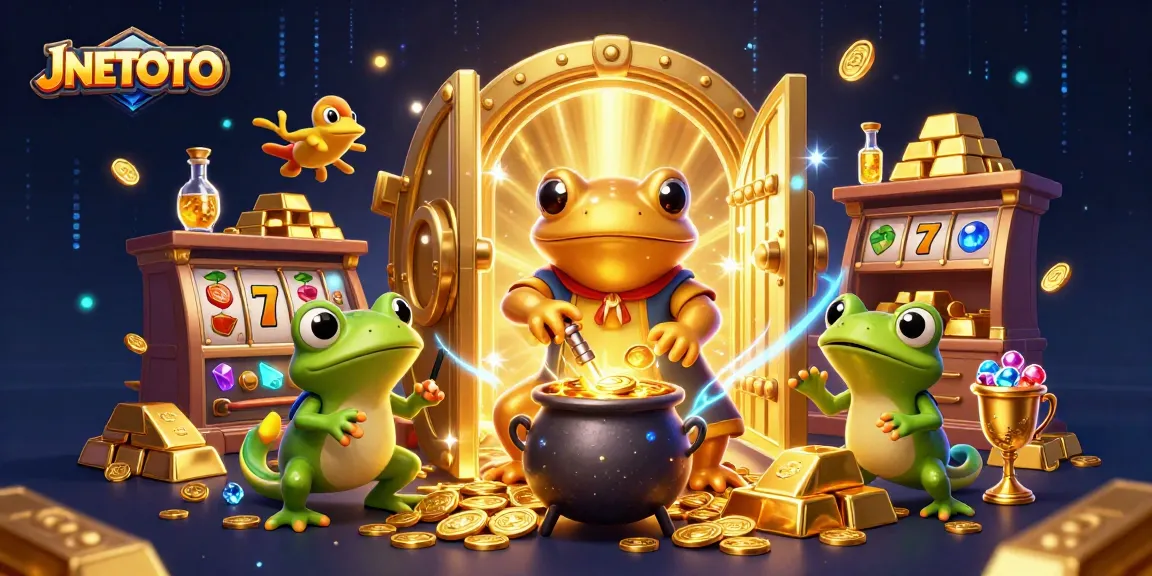 Permainan JNETOTO dengan alkemis dan simbol slot berkilauan serta efek cahaya.