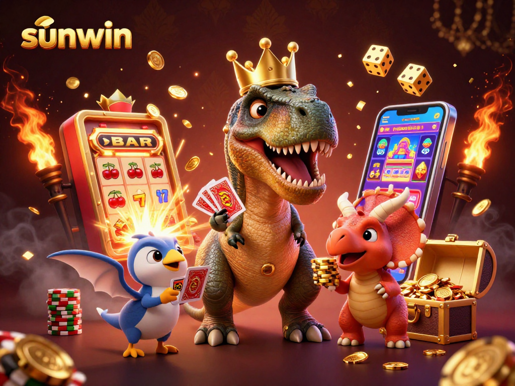 Experience thrilling gameplay with sunwin's dynamic casino scene featuring a cartoon T-Rex and slot machine.