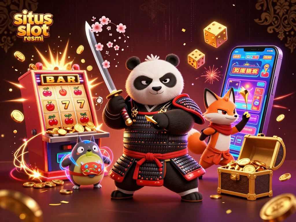 Engage in thrilling gameplay at situs slot resmi, featuring animated samurai panda and ninja fox amidst a jackpot explosion.