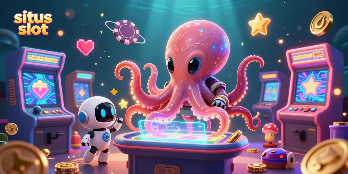 Menghadirkan situs slot dengan ikonik, alien gurita 3D bermain di meja slot holografis.