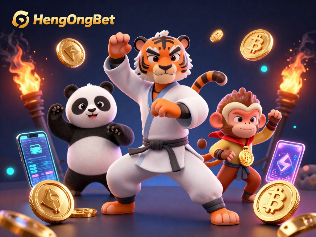 Win big with HengOngBet's animated casino scene featuring dynamic characters and cryptocurrency elements.