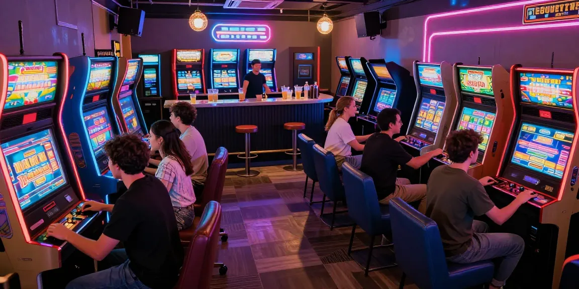 Pengunjung menguji keberuntungan di situs slot gacor dengan mesin slot yang penuh warna dan suasana yang meriah.