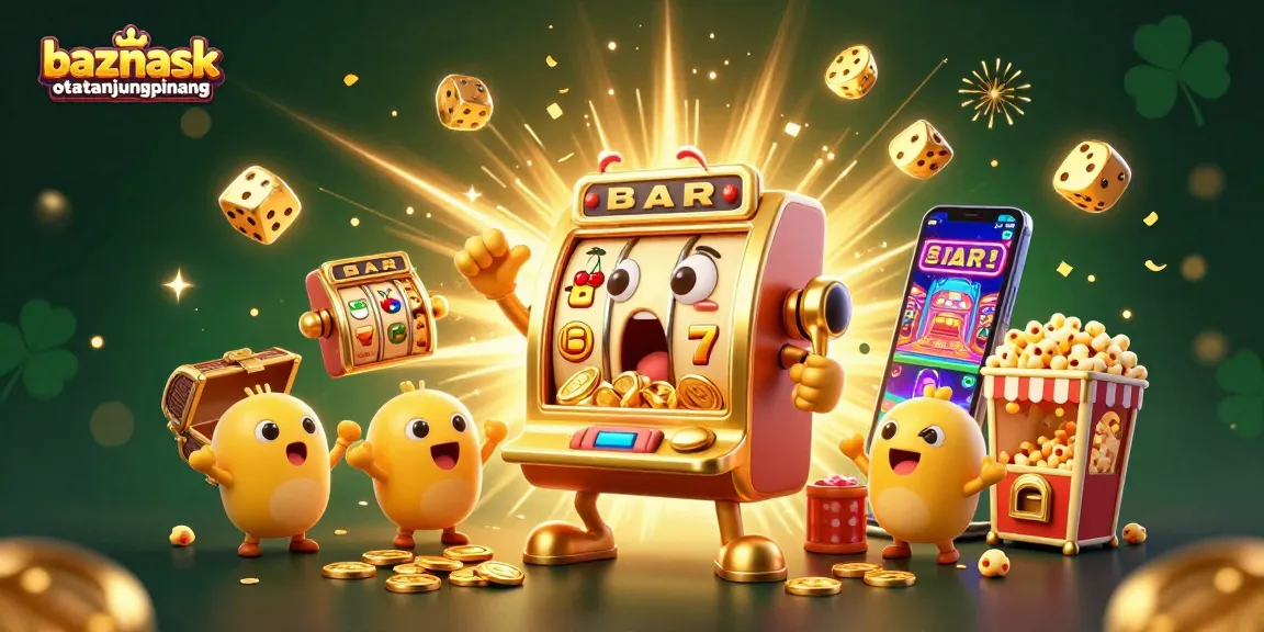The golden slot machine hit a jackpot with coins pouring out, showcasing baznaskotatanjungpinang's vibrant casino excitement.
