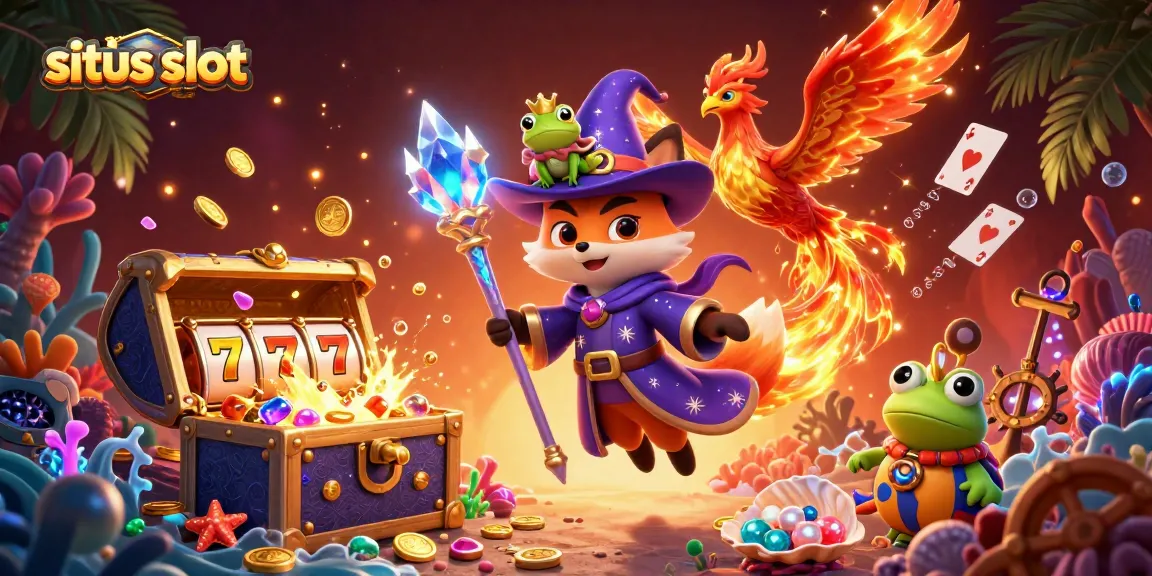 Situs slot terbaik menampilkan sambaran api dan harta karun, dikelilingi karakter fantastis.