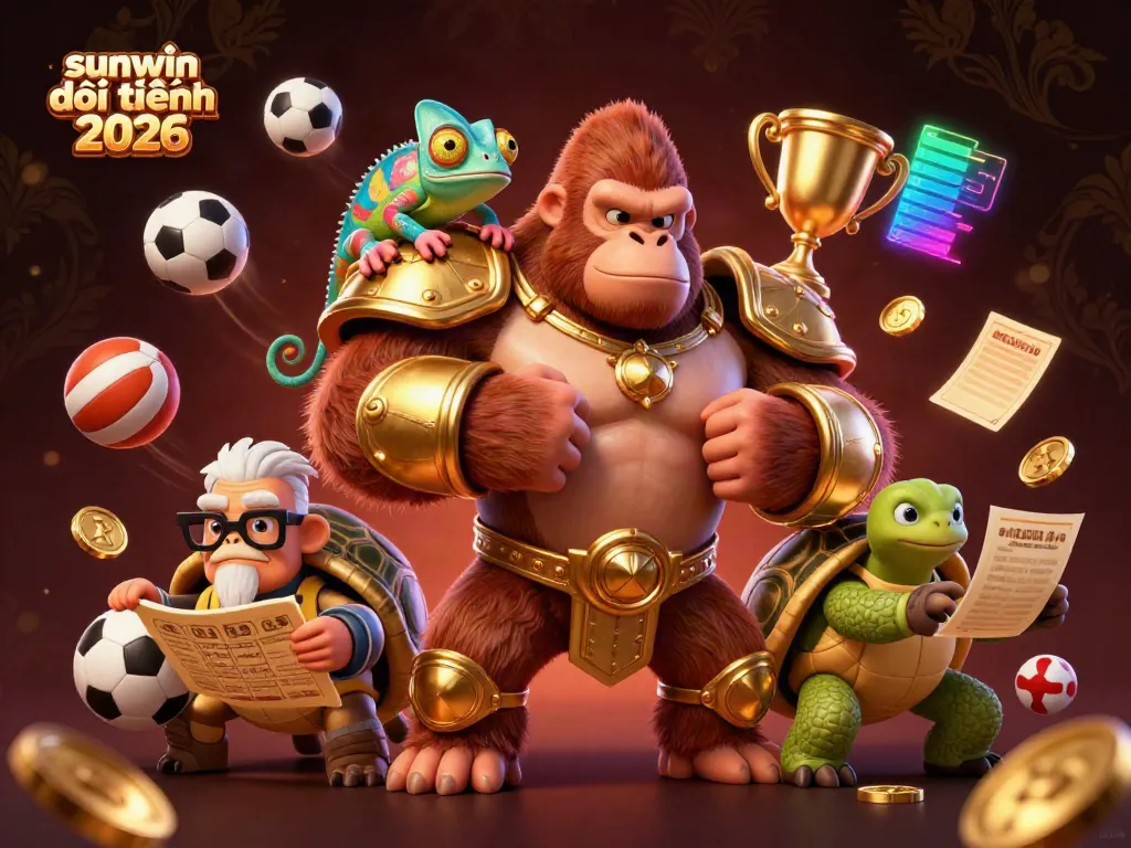 Experience sunwin đổi thưởng 2026 with a vibrant illustration of a golden-armored gorilla and colorful casino elements.