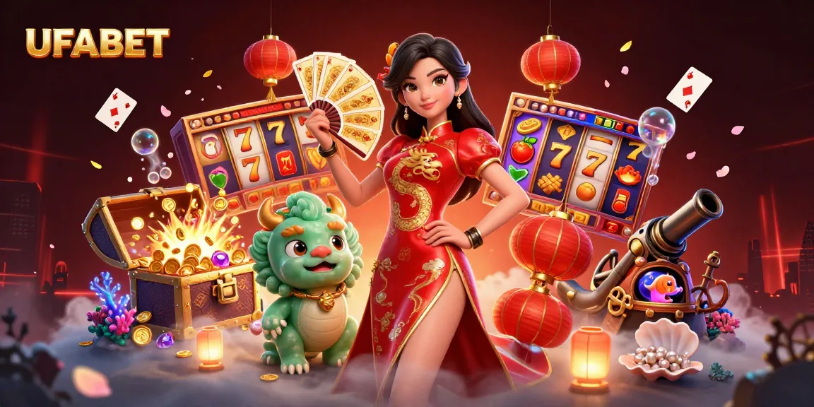 UFABET evokes excitement with vibrant slot reels and a captivating casino scene featuring a charming woman and jade lion.