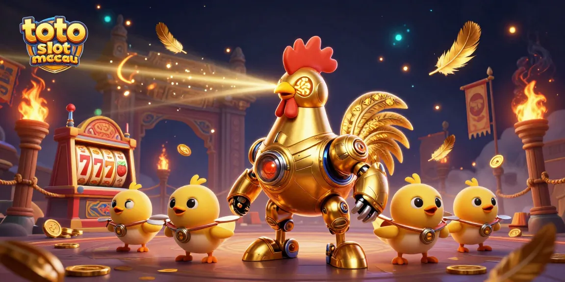 Engage with toto slot macau featuring a golden rooster robot and dynamic casino elements.