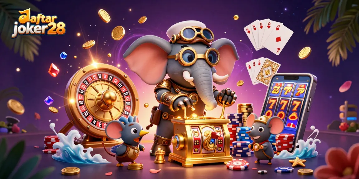 Menghadirkan daftar joker28, ilustrasi slot simbol keberuntungan dan berbagai elemen permainan kasino.