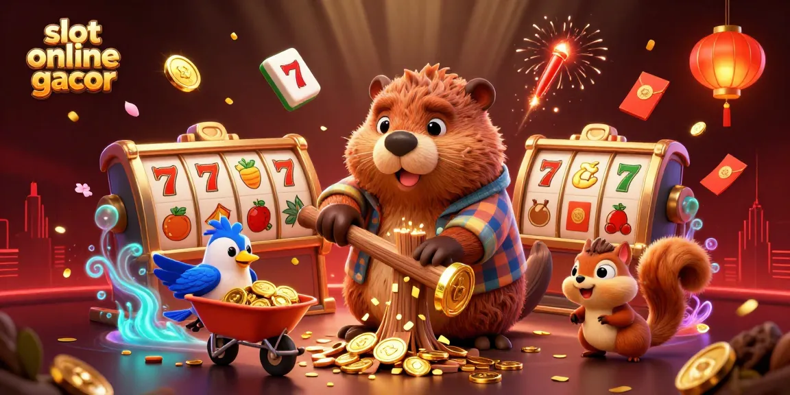 Menangkan slot online gacor dengan ilustrasi beaver pemotong kayu yang mengumpulkan koin emas.