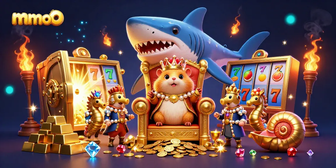 Experience the thrill of the mmoo casino with a golden hamster king, surrounded by riches and slot reels.