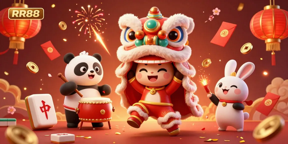 Experience the vibrant action in RR88's immersive gambling world with animated characters and festive elements.