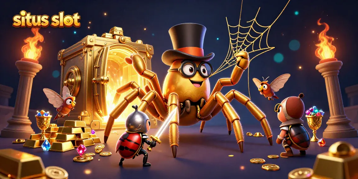 Experience thrilling situs slot action with a golden tarantula and beetle knight, amid treasures.