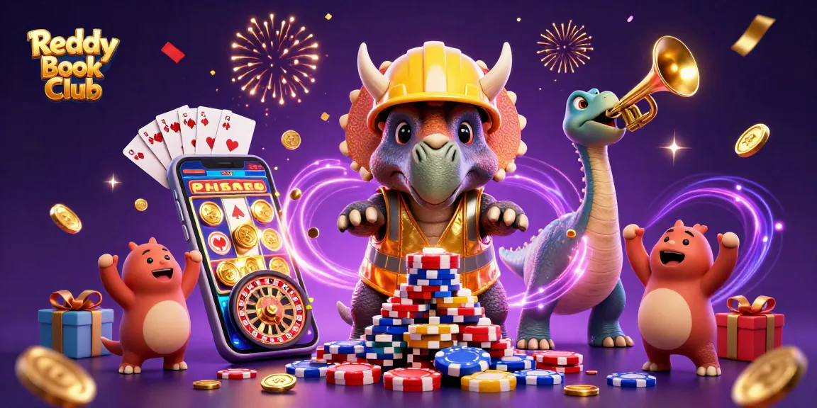 Experience exciting gambling action with Reddy Book Club's vibrant 3D illustration showcasing slot games and poker.
