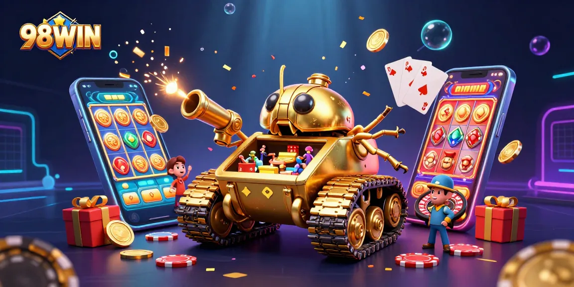 Engage with 98WIN's vibrant casino action, featuring a golden beetle tank with lush gaming elements.