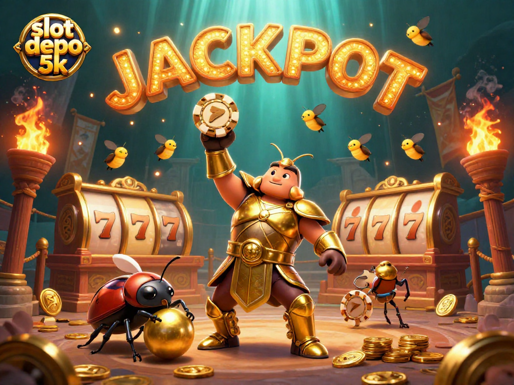 Engage with the excitement of slot depo 5k in this vibrant 3D illustration featuring a heroic beetle and jackpot celebration.