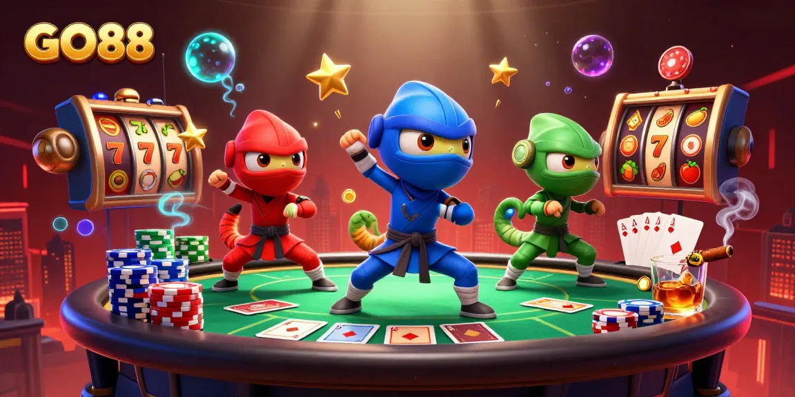 GO88 features a chameleon team performing martial arts amidst vibrant casino elements.