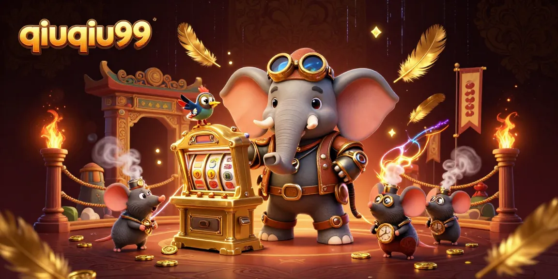 qiuqiu99 showcases a vibrant 3D scene of a steampunk elephant at a slot machine with dynamic casino elements.