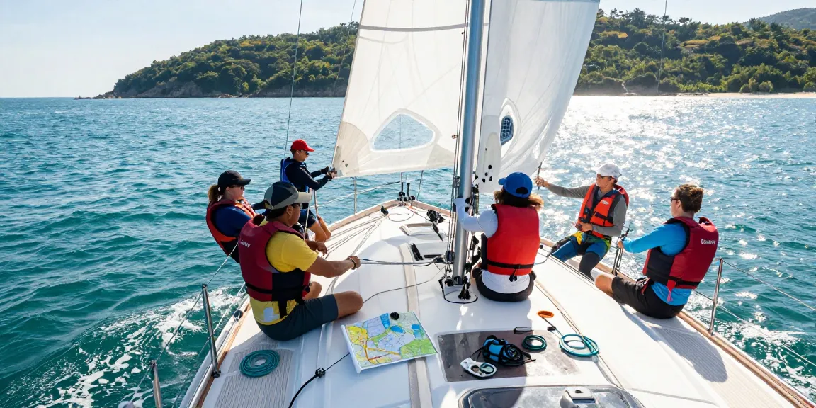 Sailors adjusting sails on yacht at sea, slot 5k adventure scene full of teamwork