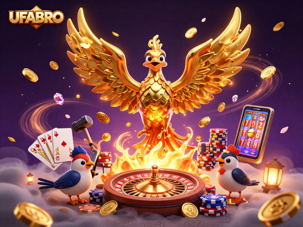 Experience thrilling wins at UFABRO with a golden phoenix surrounded by cascading coins and dazzling game elements.