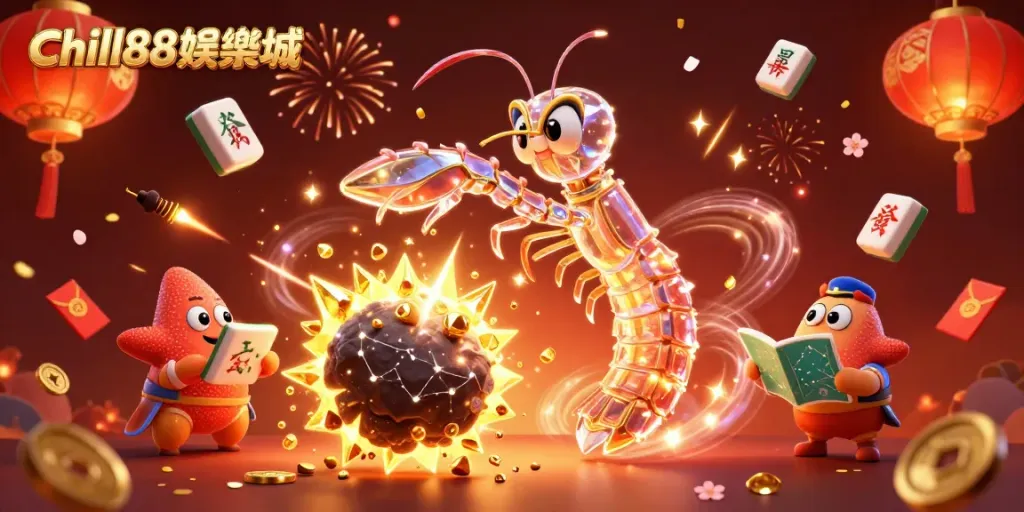 Chill88娛樂城中，穿著星光盔甲的宇宙武士在隕石上獲勝，金色寶石四散飛舞。