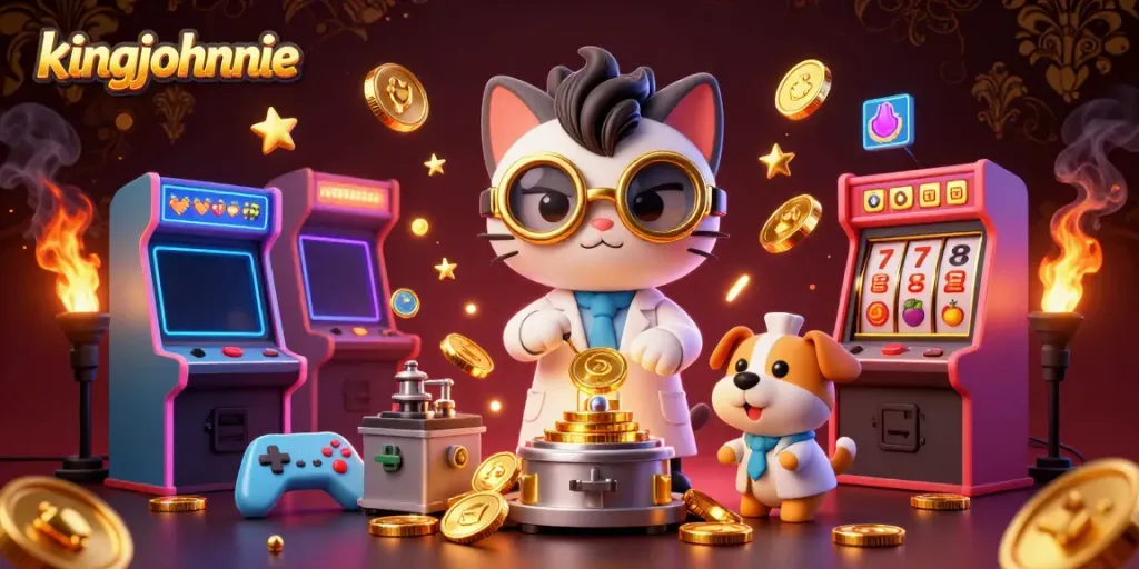 Spin the reels with kingjohnnie's animated casino characters creating gold coins amidst a vibrant gaming scene.