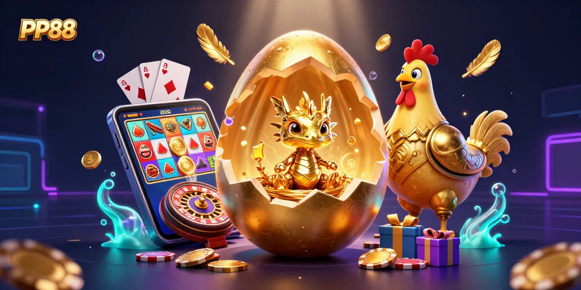 Join the excitement at PP88 with a stunning illustration of online casino adventures featuring a golden dragon and vibrant game icons.