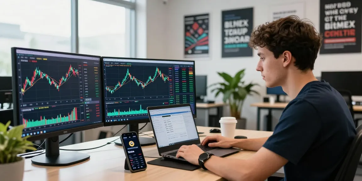 Торговля на платформе биржи bitmex в современном офисе с трейдером и графиками
