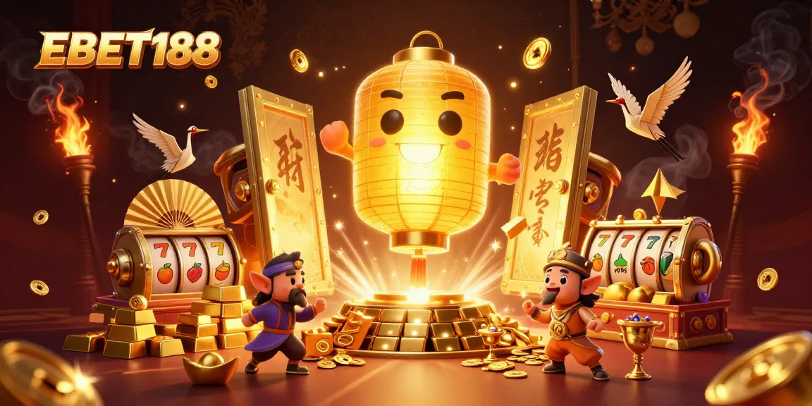 Play slot games with EBET188 as golden lantern spirit illuminates the night market casino scene.