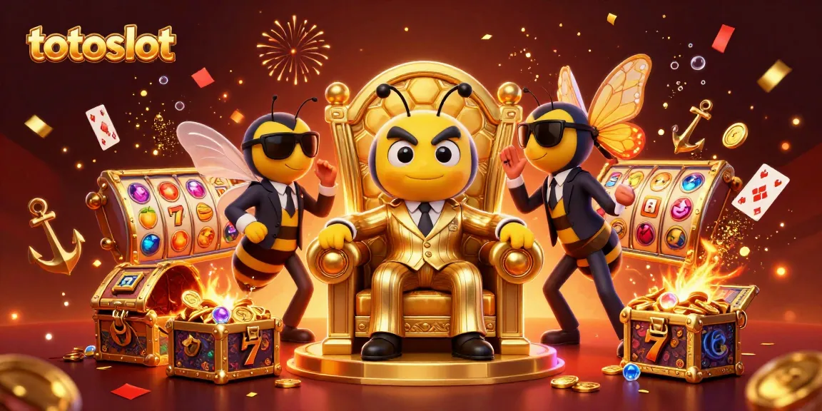 Totoslot showcases an energetic 3D scene with a bumblebee mob boss and slot reels bursting with coins.